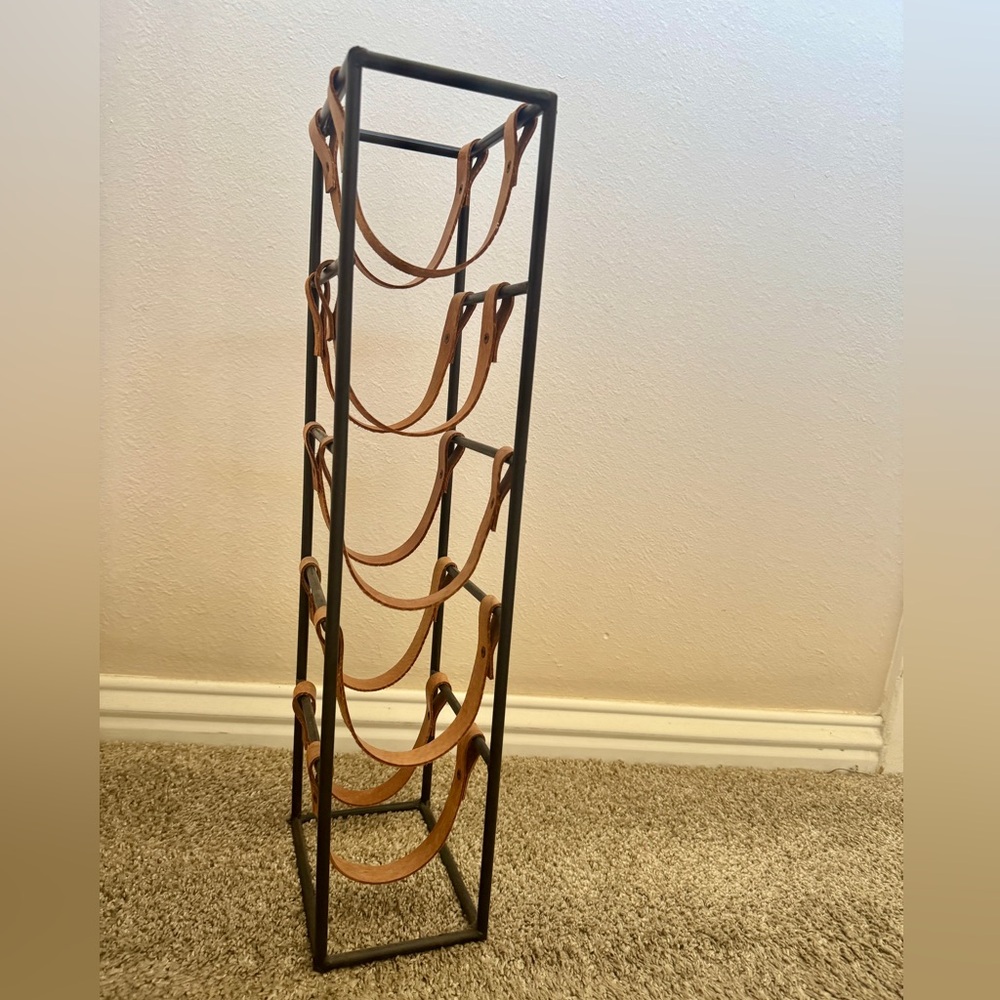 Black Metal and Leather Wine Rack
